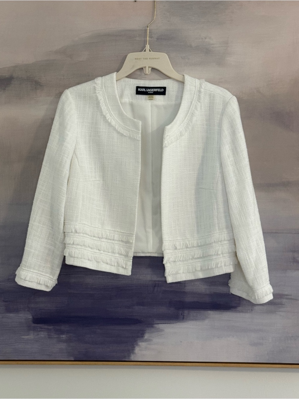Karl Lagerfeld Paris White Tweed Fringe Cropped Style Jacket Blazer